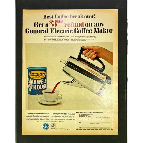 Maxwell House Electra-perk Coffee & GE Electric Coffee Maker" Vtg Print Ad 1968 - Picture 3 of 3